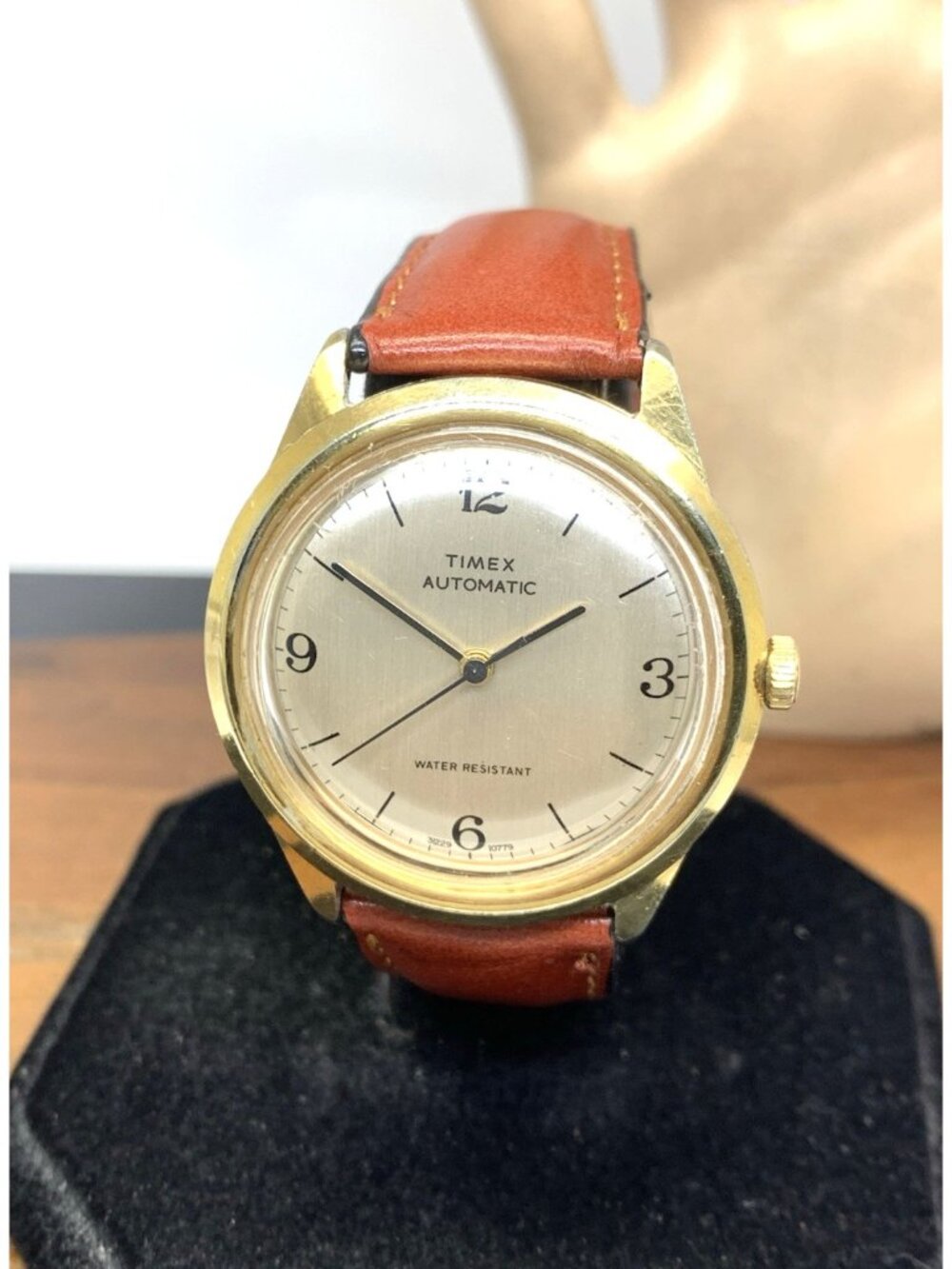 Timex Men's Watch Vintage Automatic Silver Dial Gold Brown Leather Strap 37mm